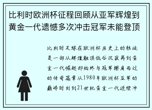 比利时欧洲杯征程回顾从亚军辉煌到黄金一代遗憾多次冲击冠军未能登顶
